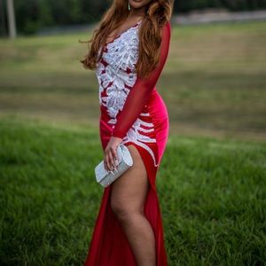 Red Handmade Prom Dress with White Detailing